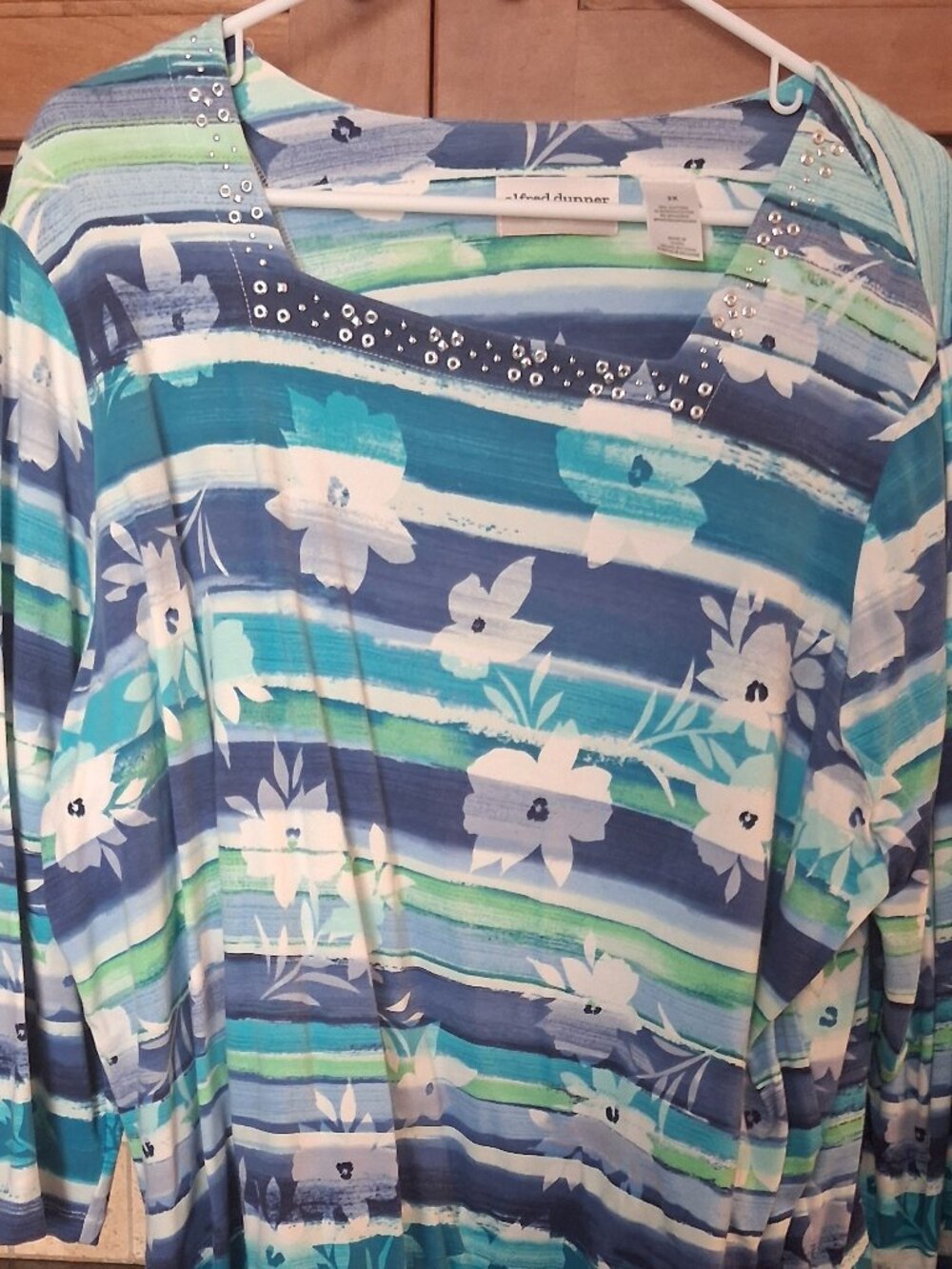 Alfred Dunner 3/4 Sleeve Floral Blue Green Beaded Collar Blouse